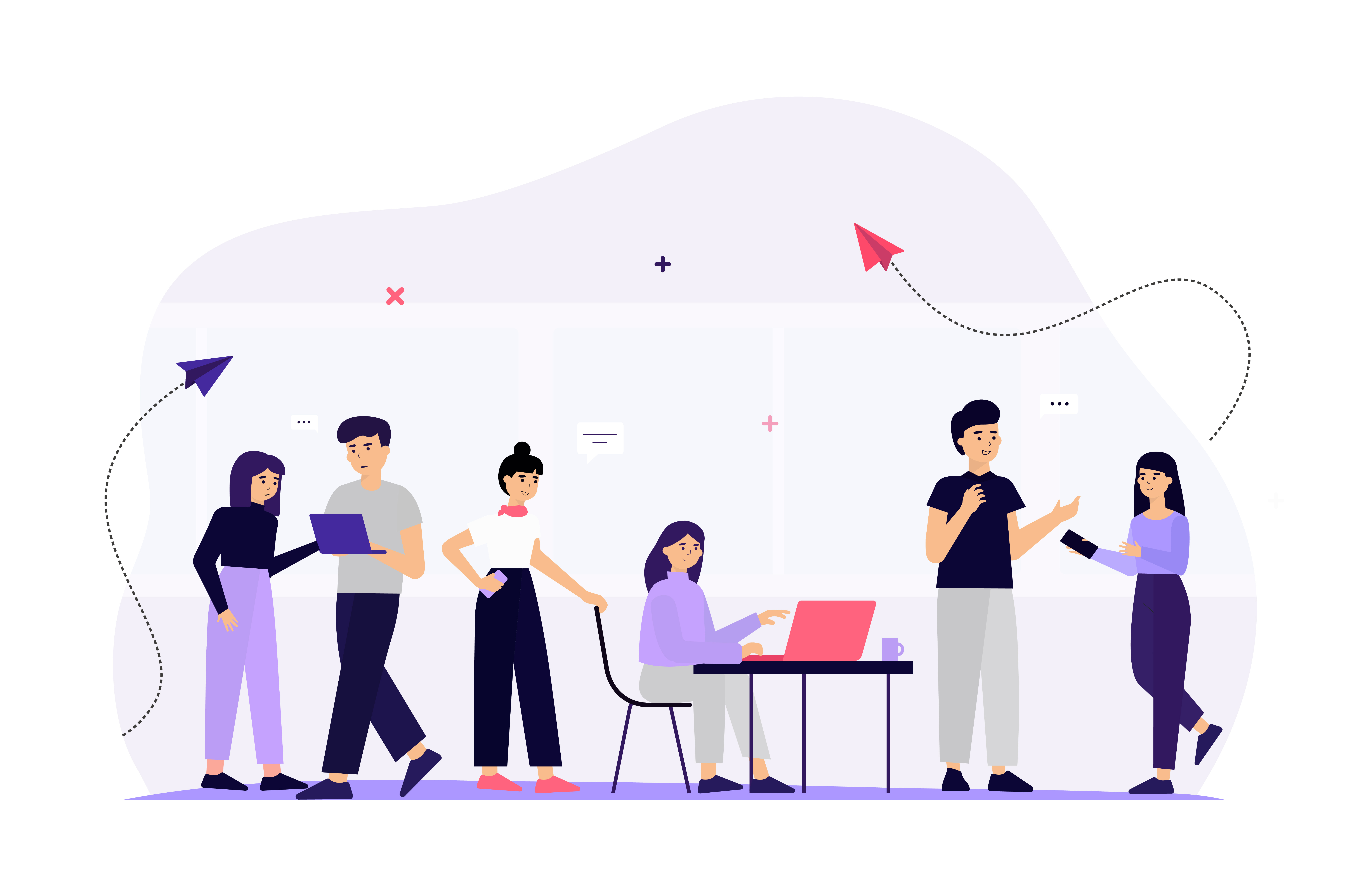 Business team communicating via social media flat vector illustration. People in office using mobile phones, laptops, tablets for networking and chatting. Digital technology and conversation concept