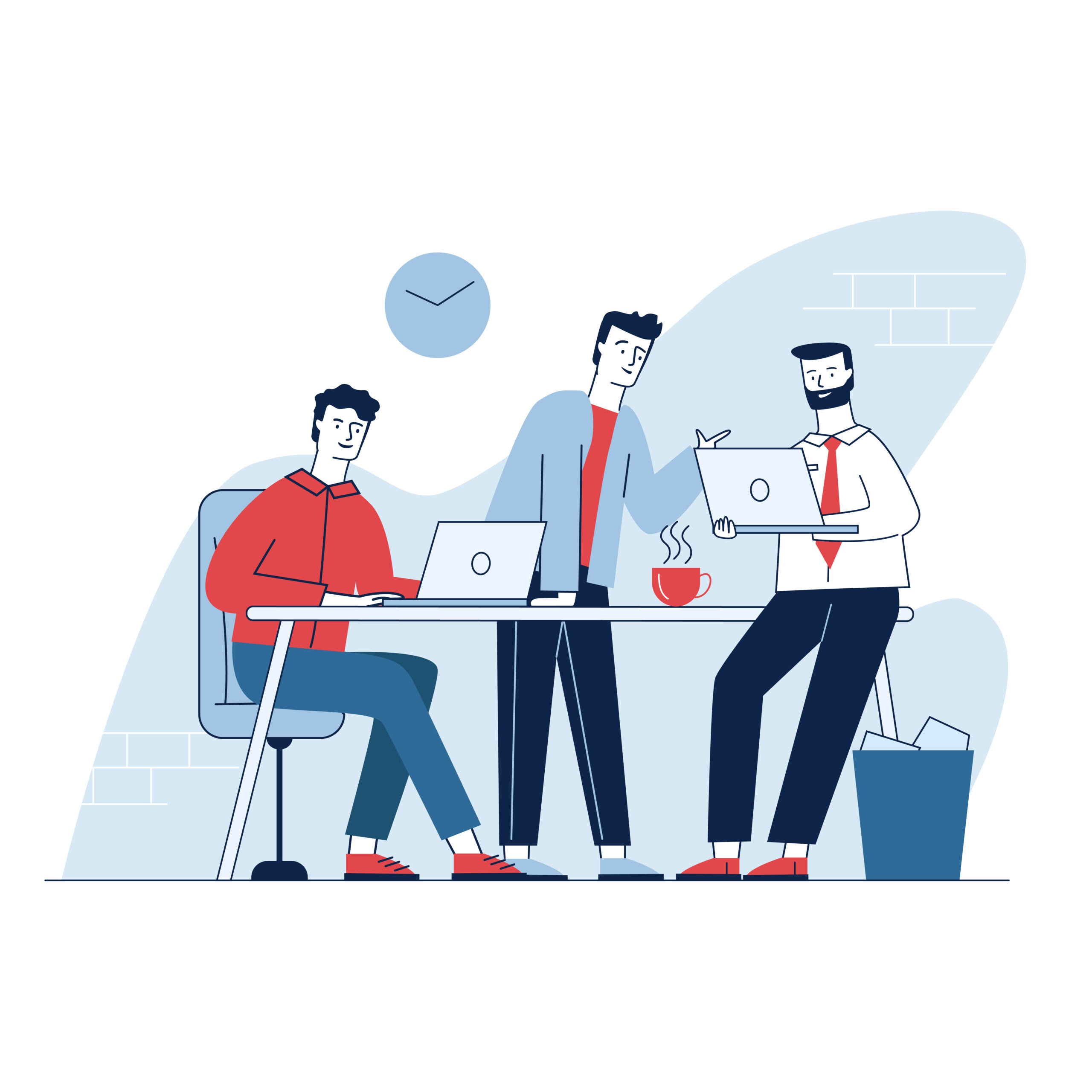 Three man having business meeting in office. Employees discussing work project flat vector illustration. Teamwork, discussion, conference concept for banner, website design or landing web page